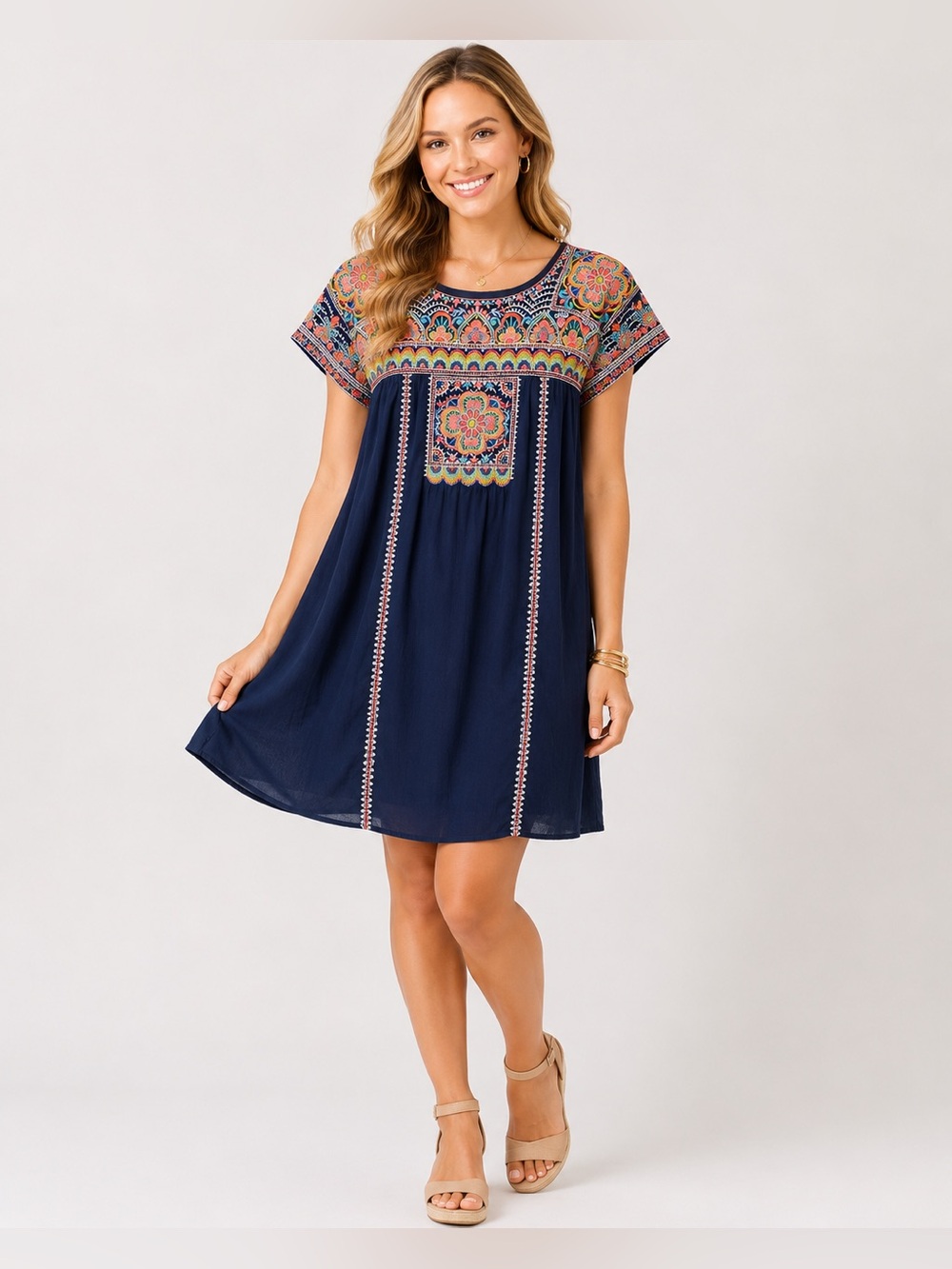 JOHNNY WAS | Tania Embroidered Navy Swing Dress